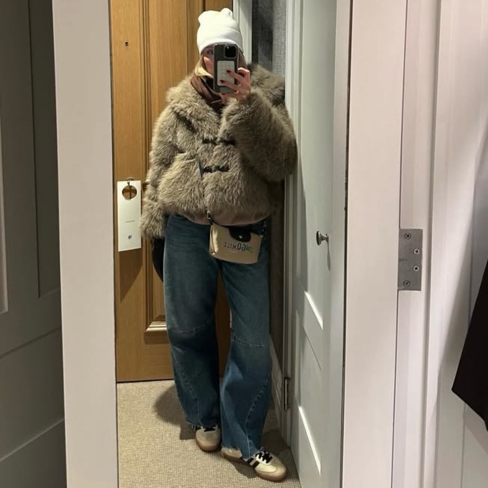 Zara faux fur buckle closure short coat grey brown - Picture 14 of 16